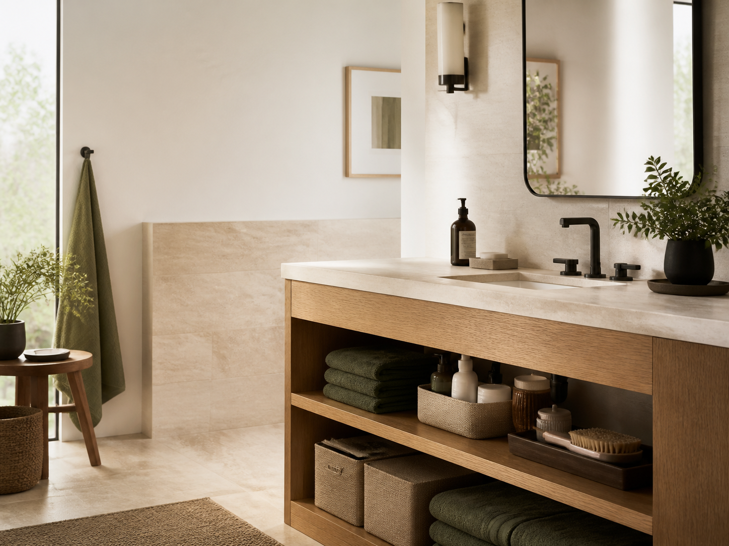 Warm modern bathroom vanity with orderly open shelving