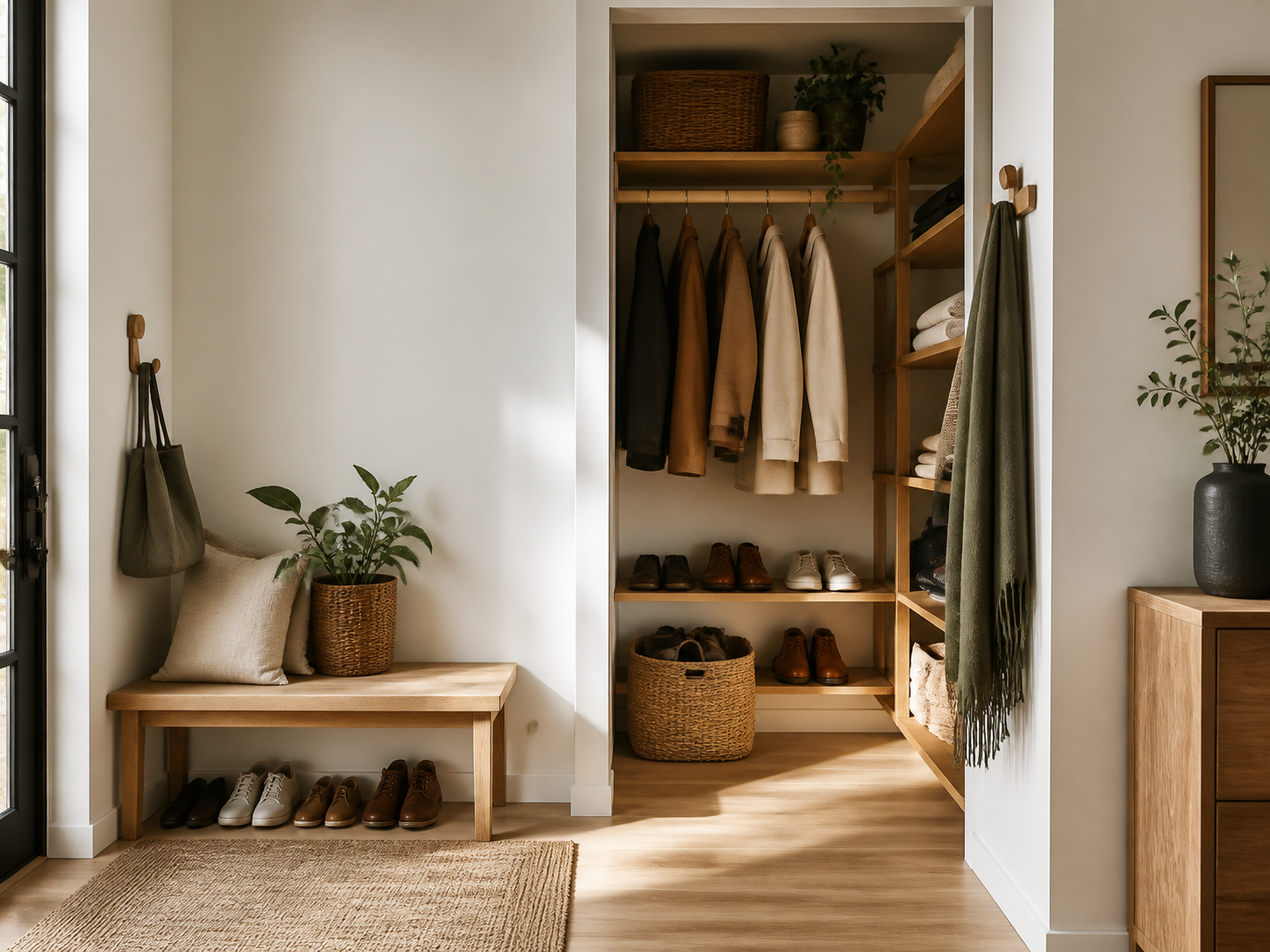 Warm modern entryway and open closet with orderly storage