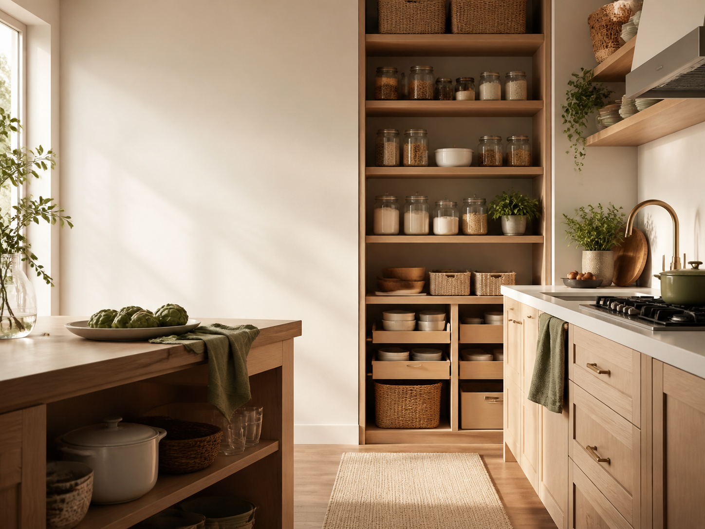 Warm modern kitchen with organized pantry shelving