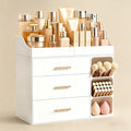 White countertop vanity organizer with drawers and brush holder, front view — white countertop vanity organizer front view