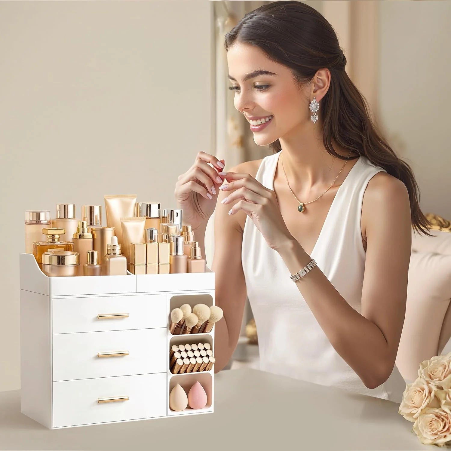 White countertop vanity organizer with drawers and brush holder, front view — vanity organizer in use