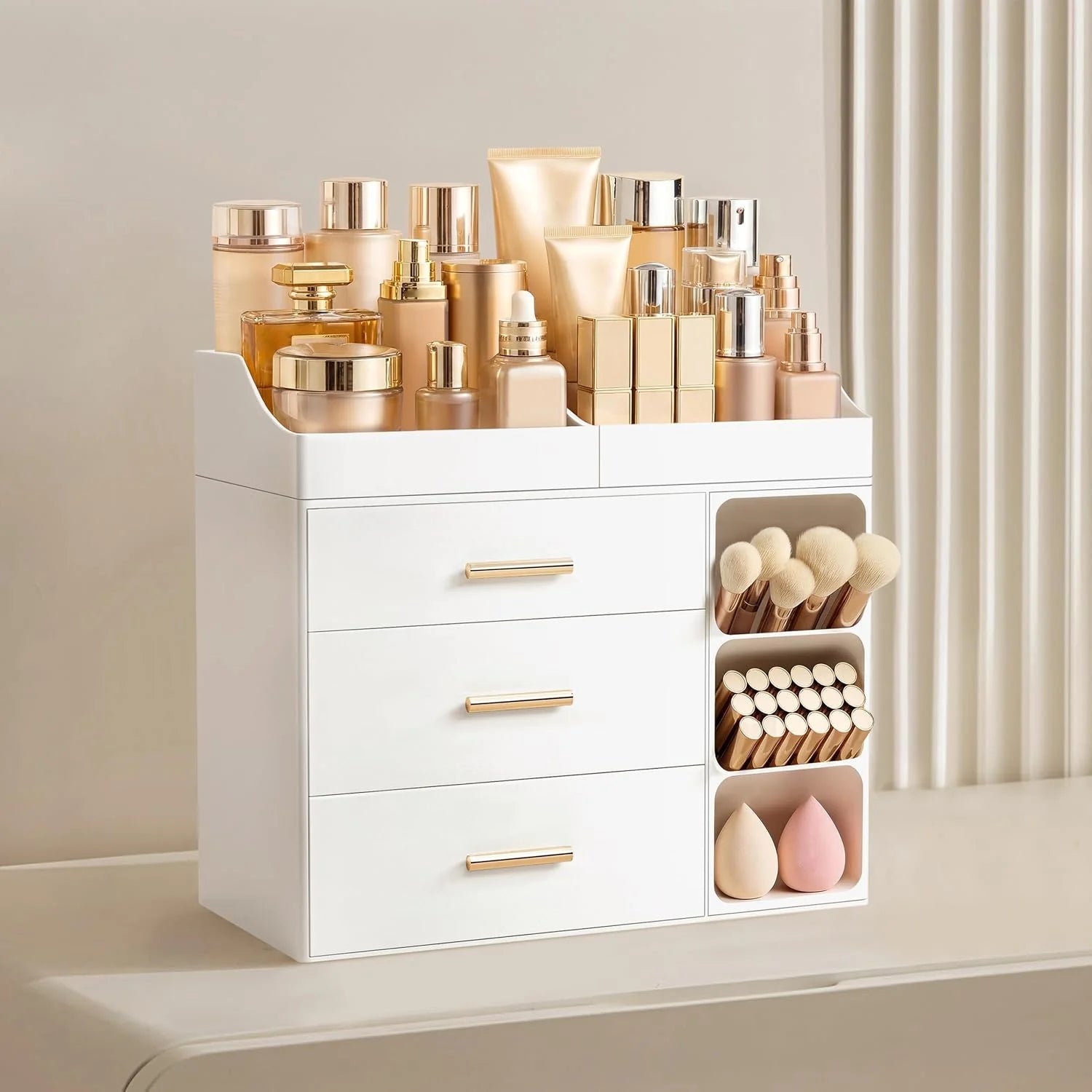 White countertop vanity organizer with drawers and brush holder, front view — white vanity organizer three-quarter view