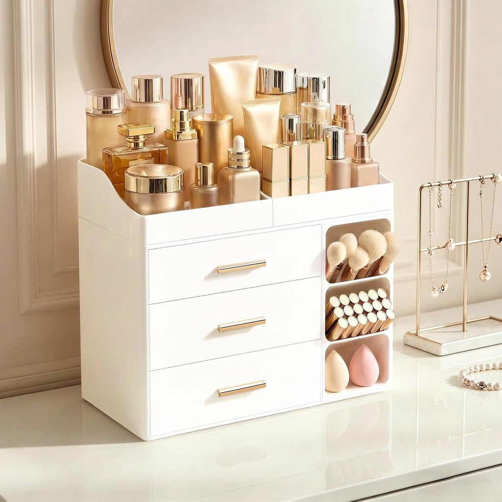 White countertop vanity organizer with drawers and brush holder, front view — vanity organizer beside a mirror