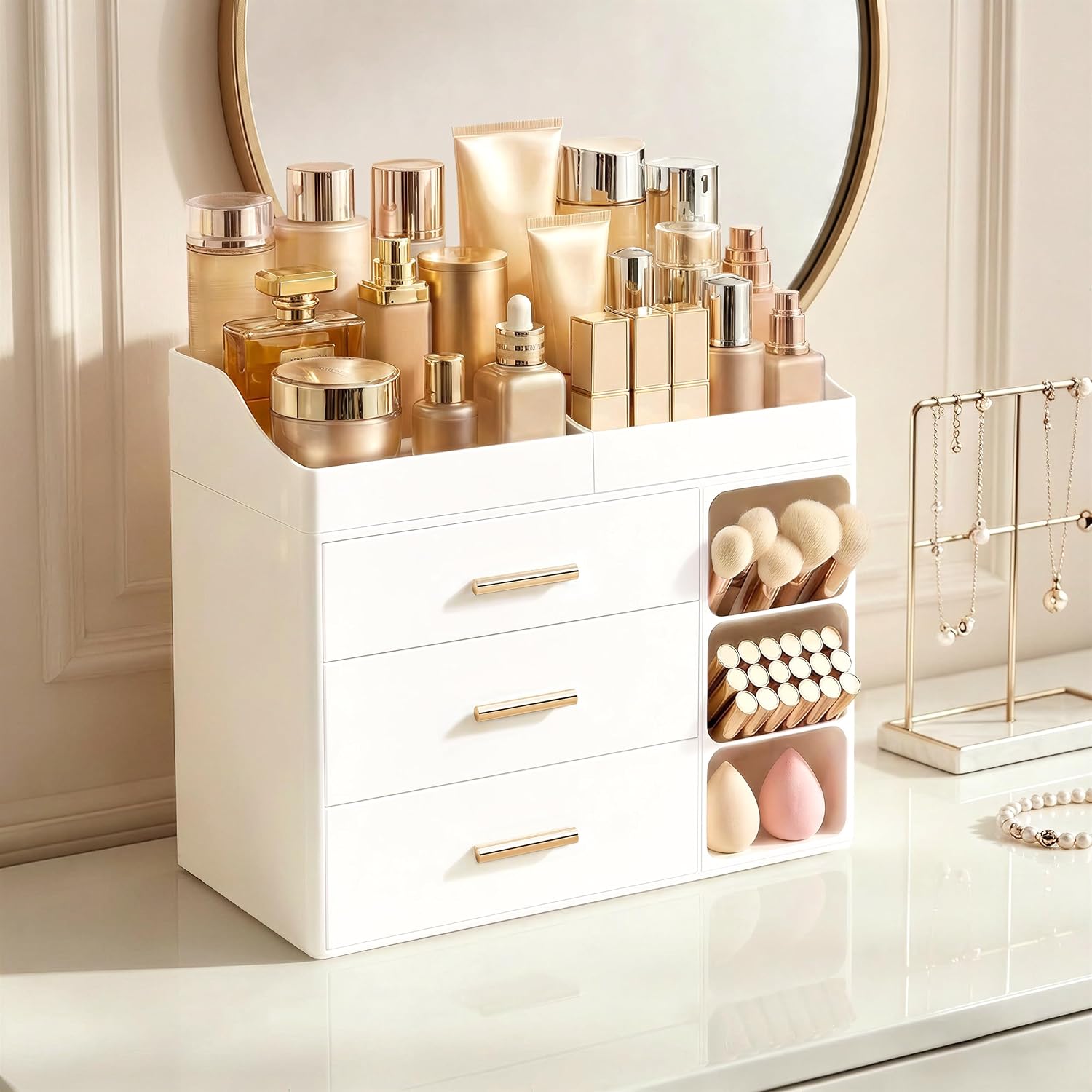 White countertop vanity organizer with drawers and brush holder, front view — vanity organizer beside a mirror