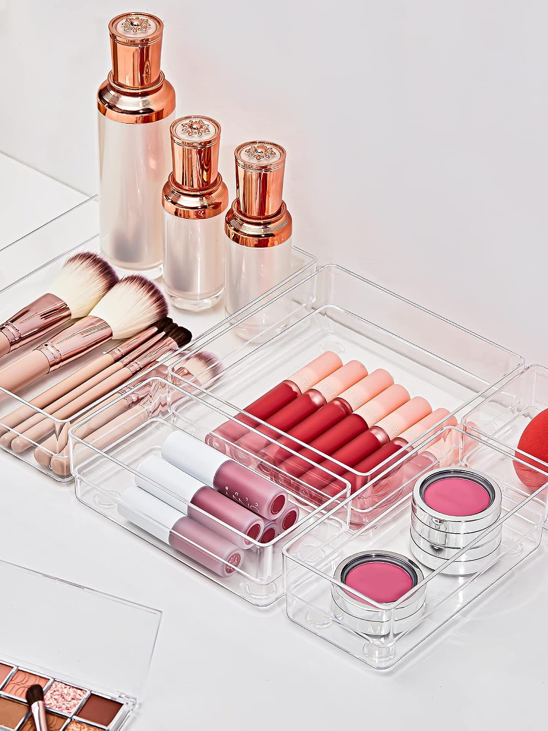 Clear 13-piece modular vanity drawer-tray organizer set, layout view — clear drawer trays organizing cosmetics