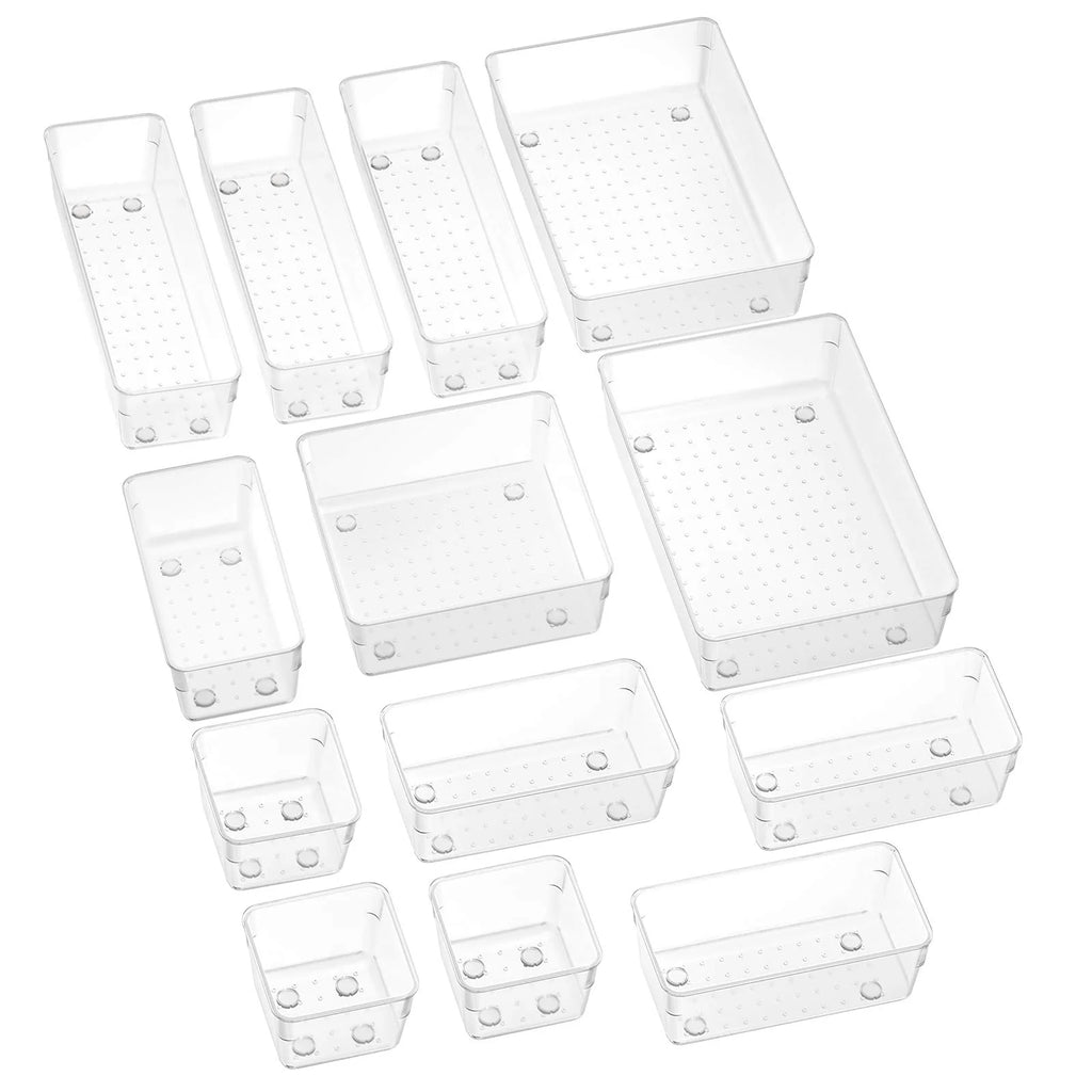 Clear 13-piece modular vanity drawer-tray organizer set, layout view — clear drawer organizer tray set overview