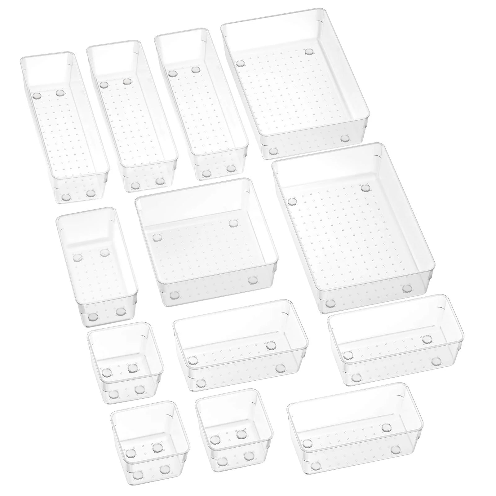 Clear 13-piece modular vanity drawer-tray organizer set, layout view — clear drawer organizer tray set overview