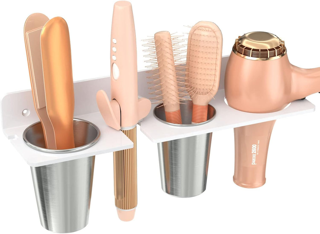 White wall-mount hair-tool organizer with two cups, front view — shown with styling tools for fit; tools are not included