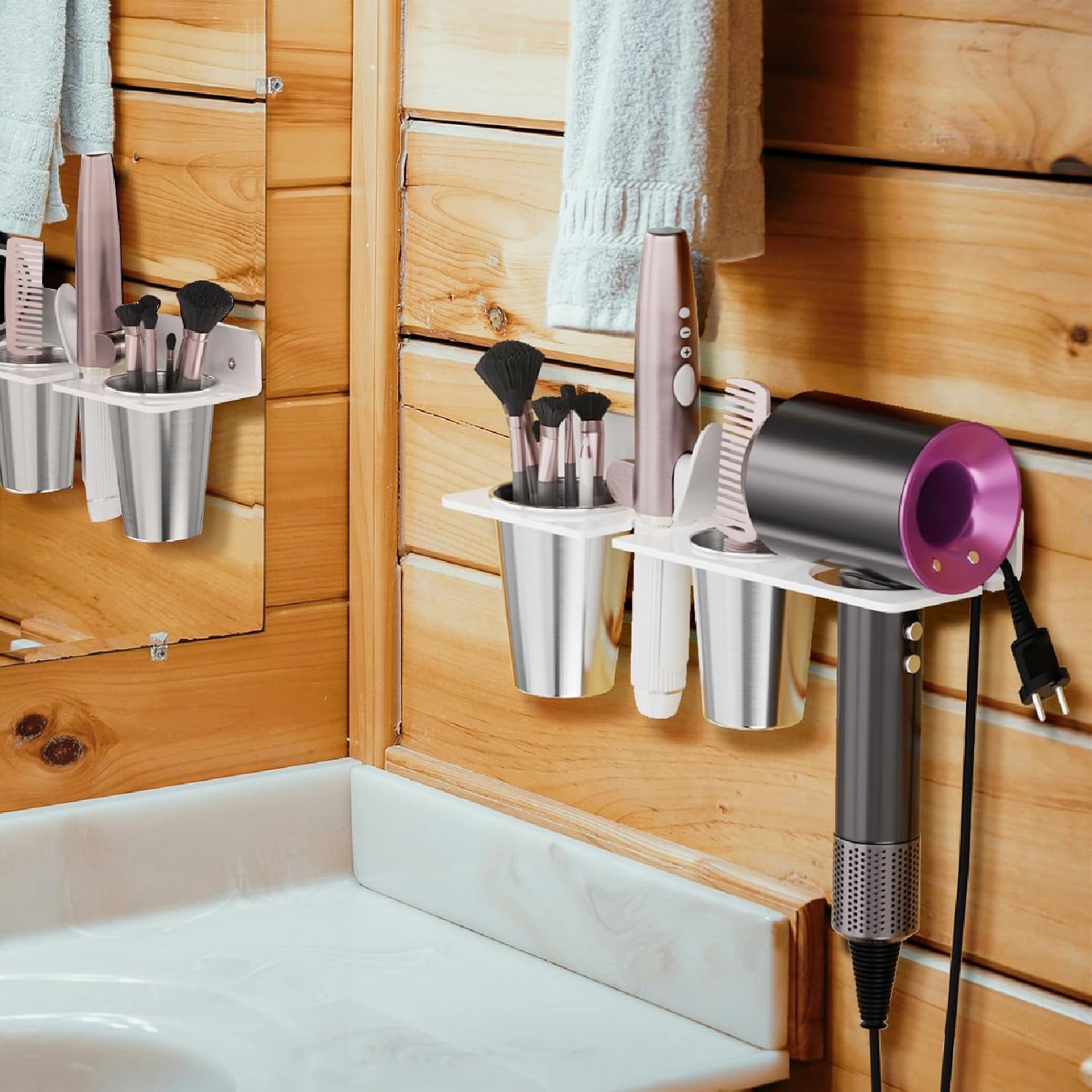 White wall-mount hair-tool organizer with two cups, front view — installed on a bathroom wall