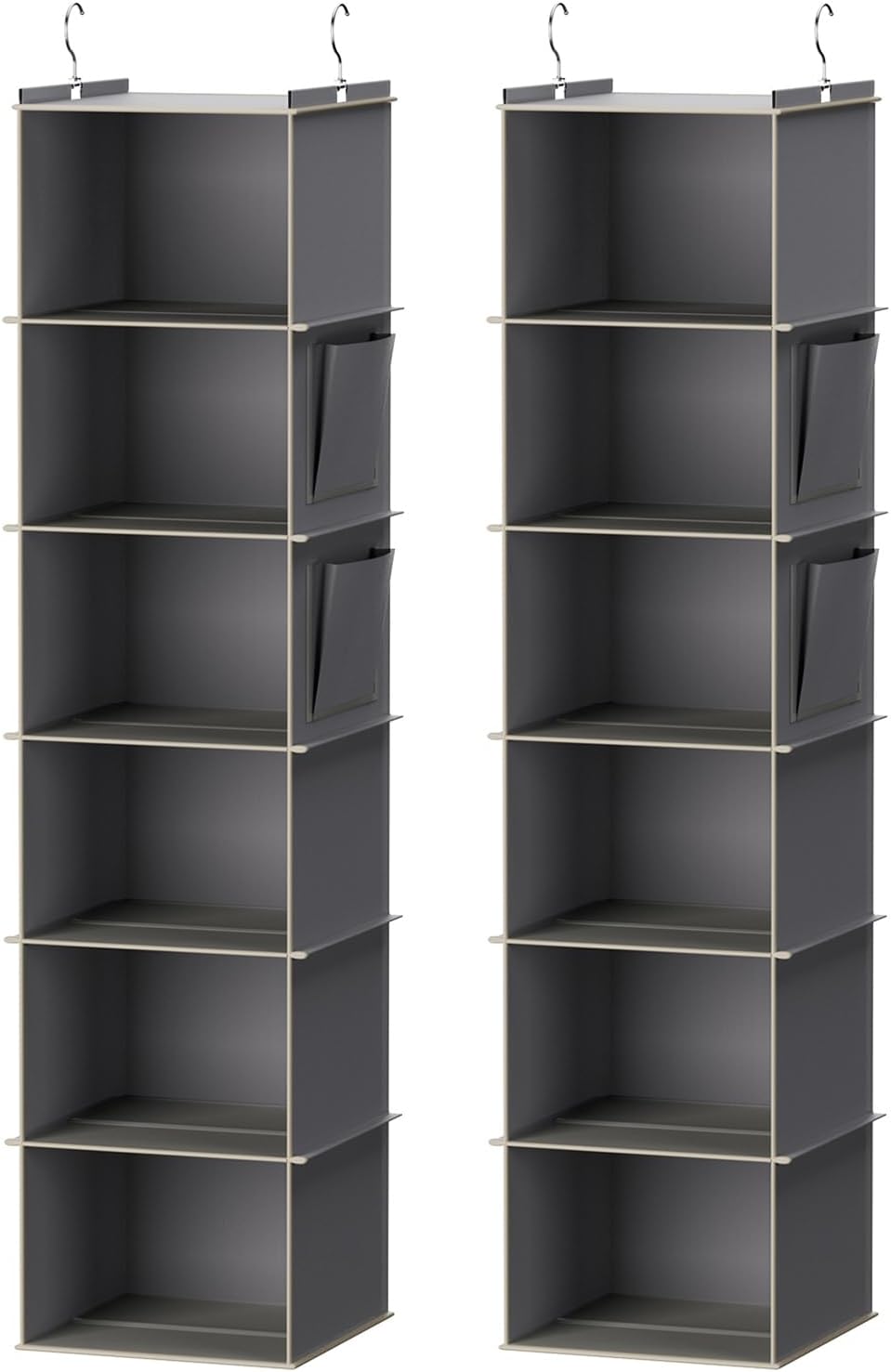 Two grey six-shelf hanging closet organizers shown front-facing on a white background. — grey two-pack front view