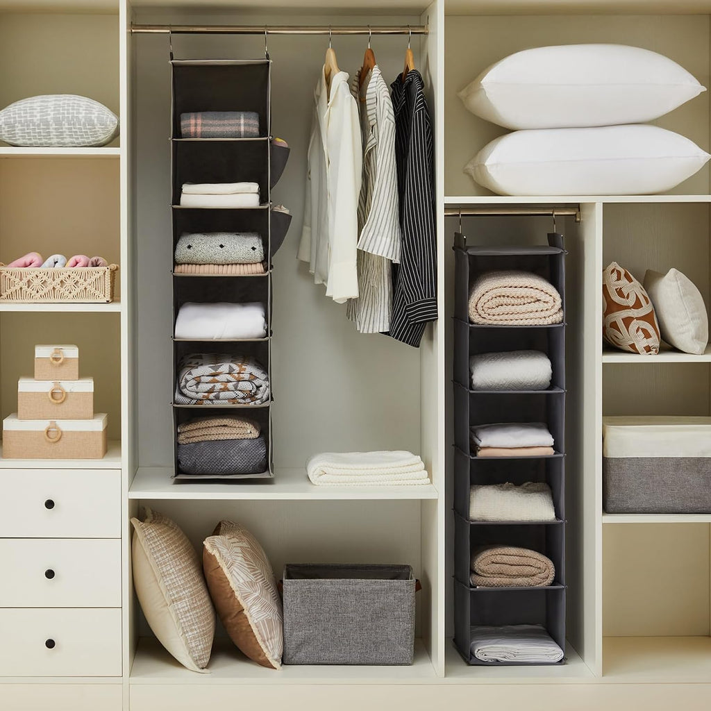 Two grey six-shelf hanging closet organizers shown front-facing on a white background. — grey organizers installed in a closet