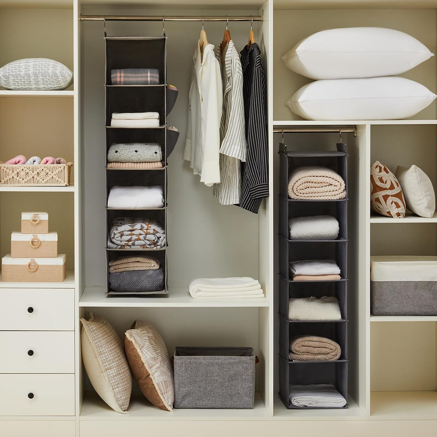 Two grey six-shelf hanging closet organizers shown front-facing on a white background. — grey organizers installed in a closet