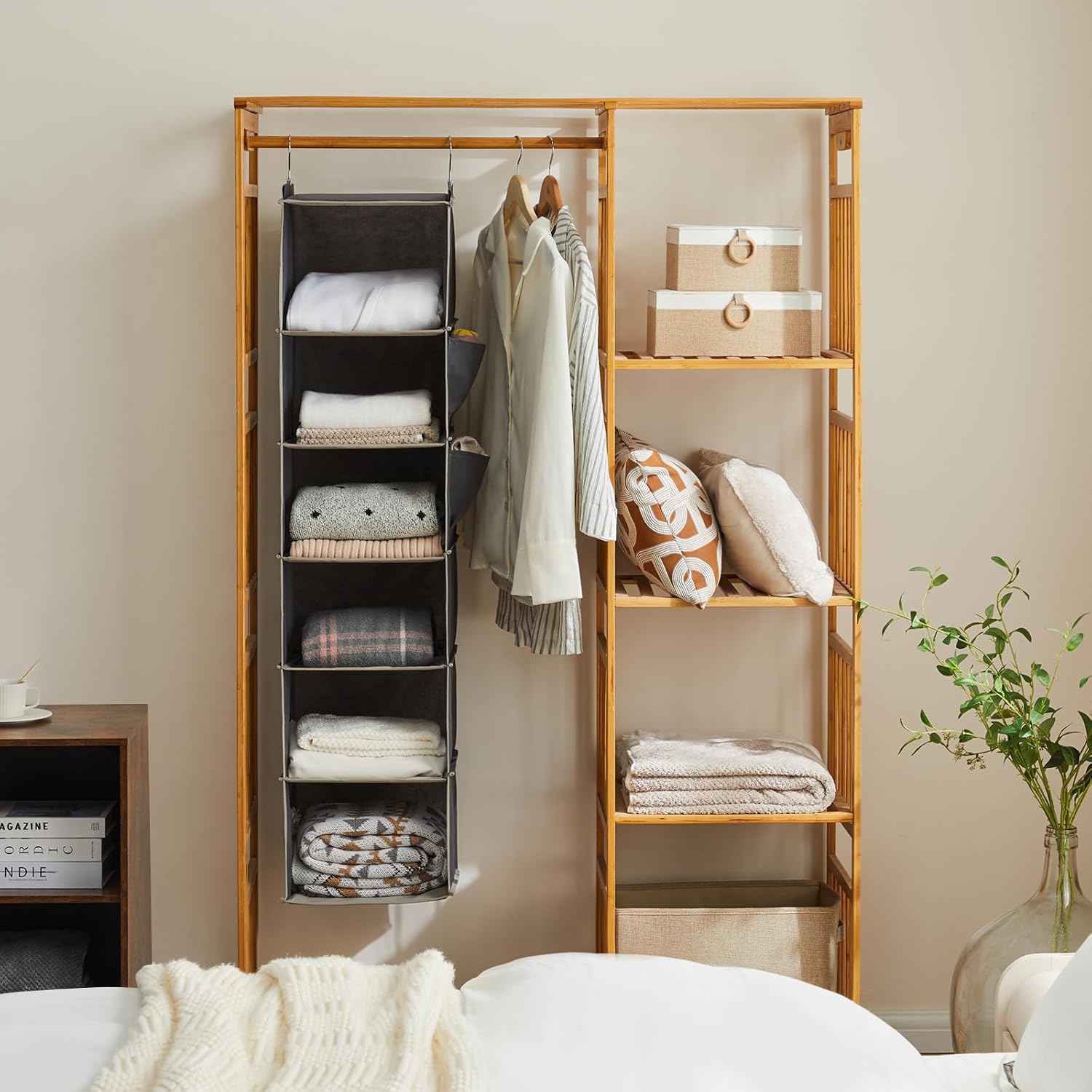 Two grey six-shelf hanging closet organizers shown front-facing on a white background. — grey organizer in a room placement scene