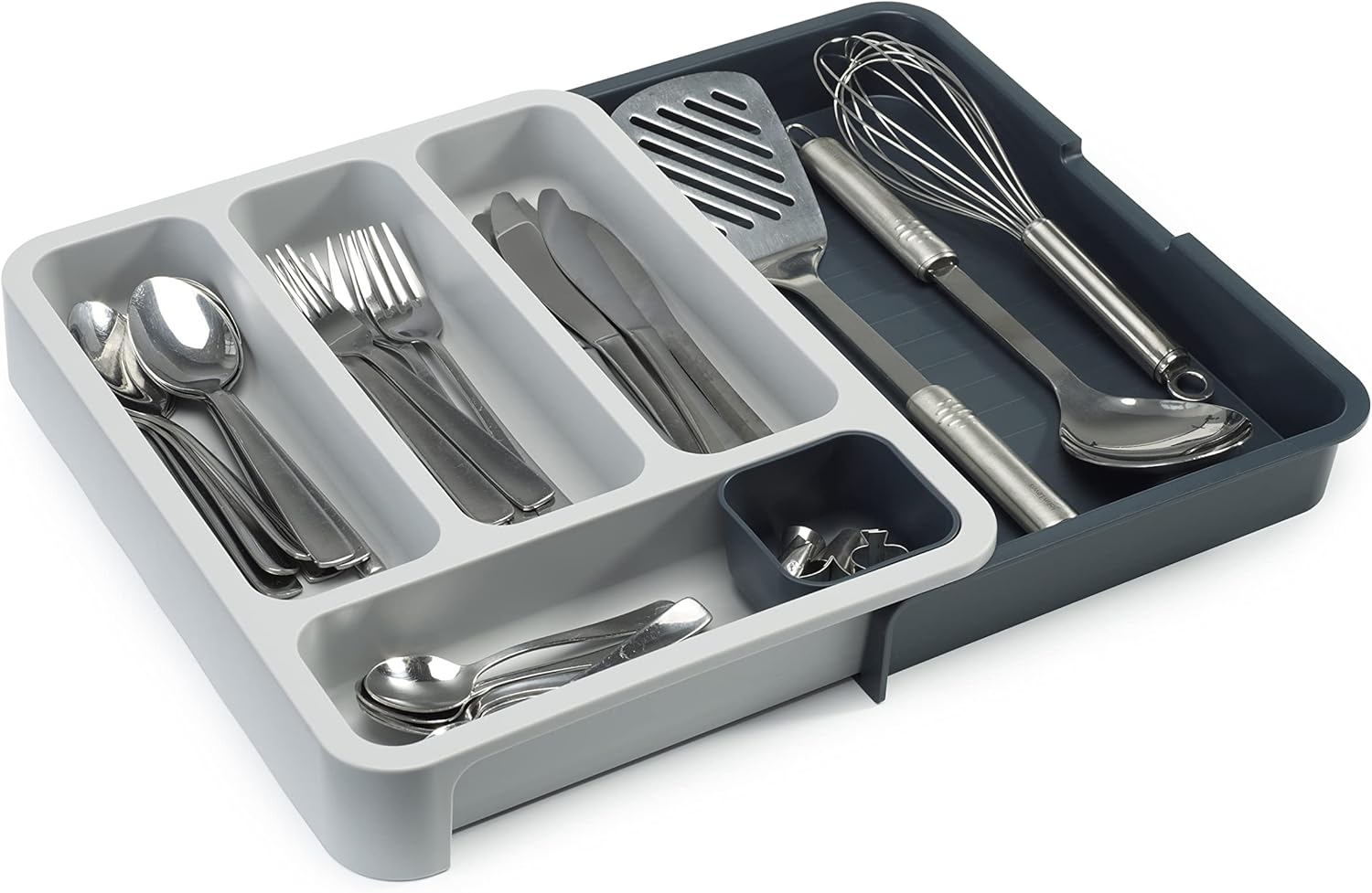Expandable dark-gray six-compartment plastic cutlery drawer tray — expanded tray with cutlery