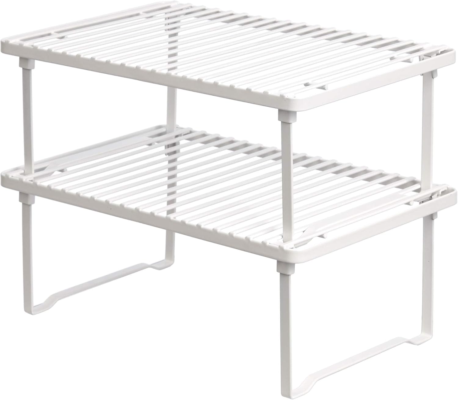Set of two white stackable metal cabinet shelf risers — white two-tier set on a clean background