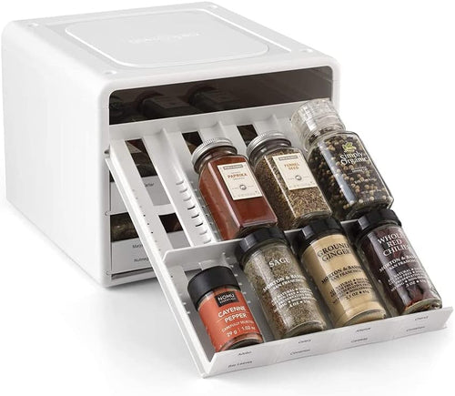 White adjustable pull-down spice organizer with drawer labels — white organizer with the spice drawer extended