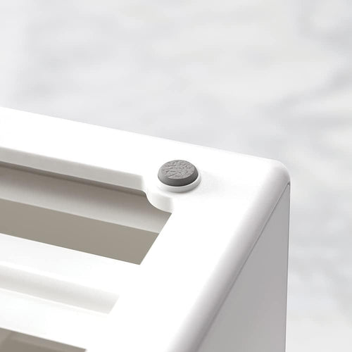 White adjustable pull-down spice organizer with drawer labels — top control detail