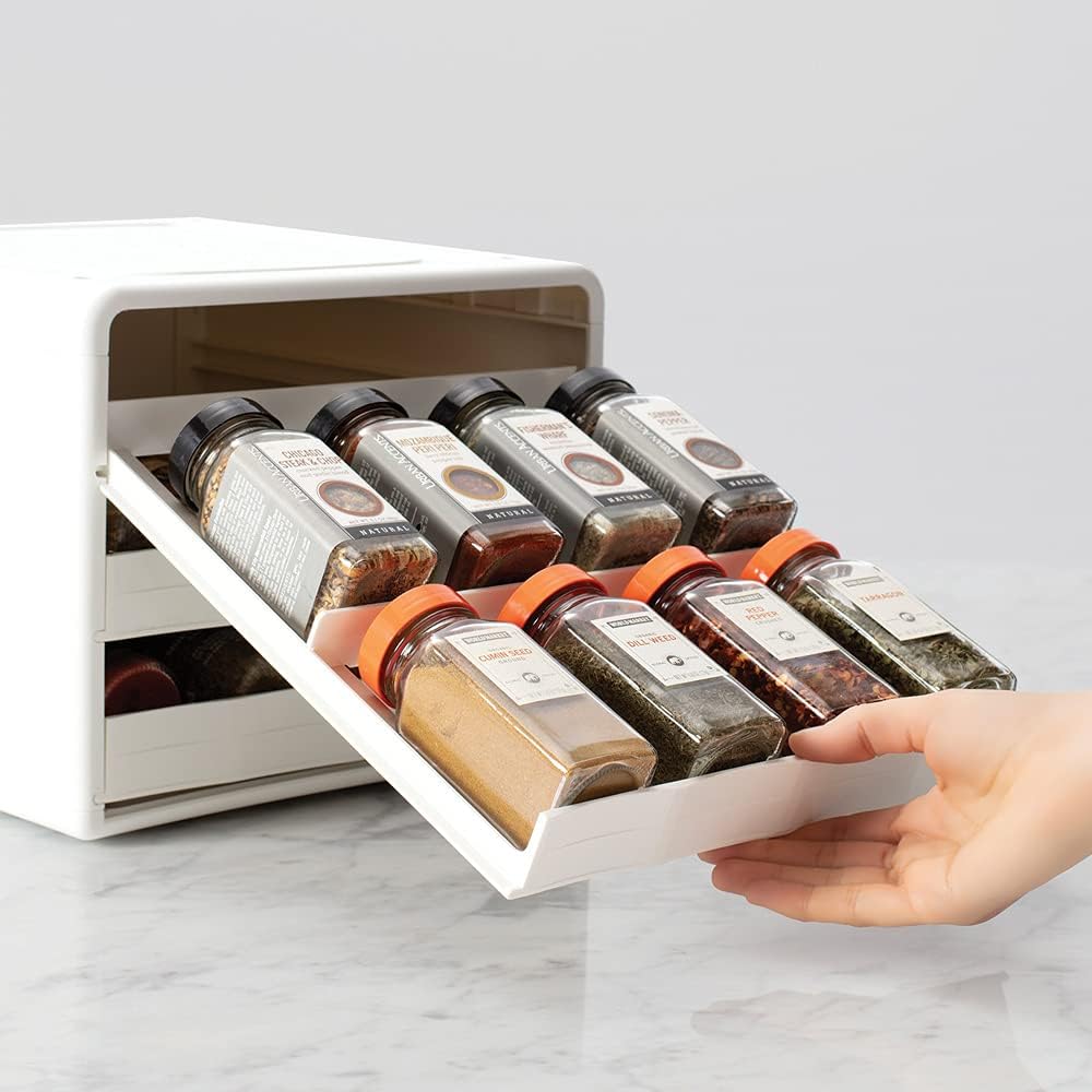 White adjustable pull-down spice organizer with drawer labels — spice drawer pull-out action