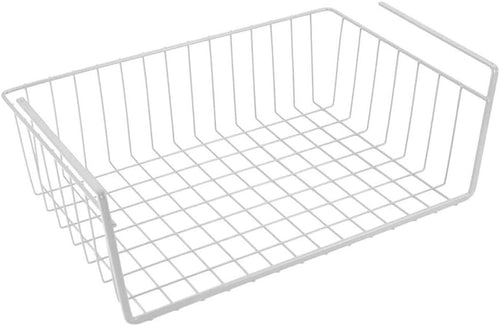 White 15-inch under-shelf steel wire storage basket — white wire basket on a clean background