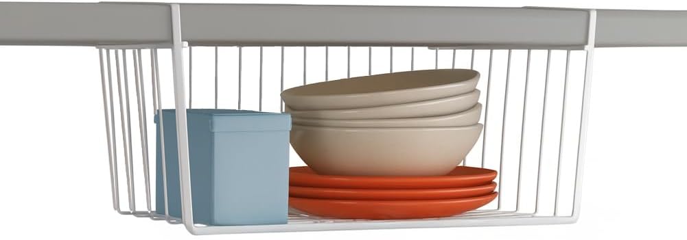 White 15-inch under-shelf steel wire storage basket — basket installed under a shelf with dishes