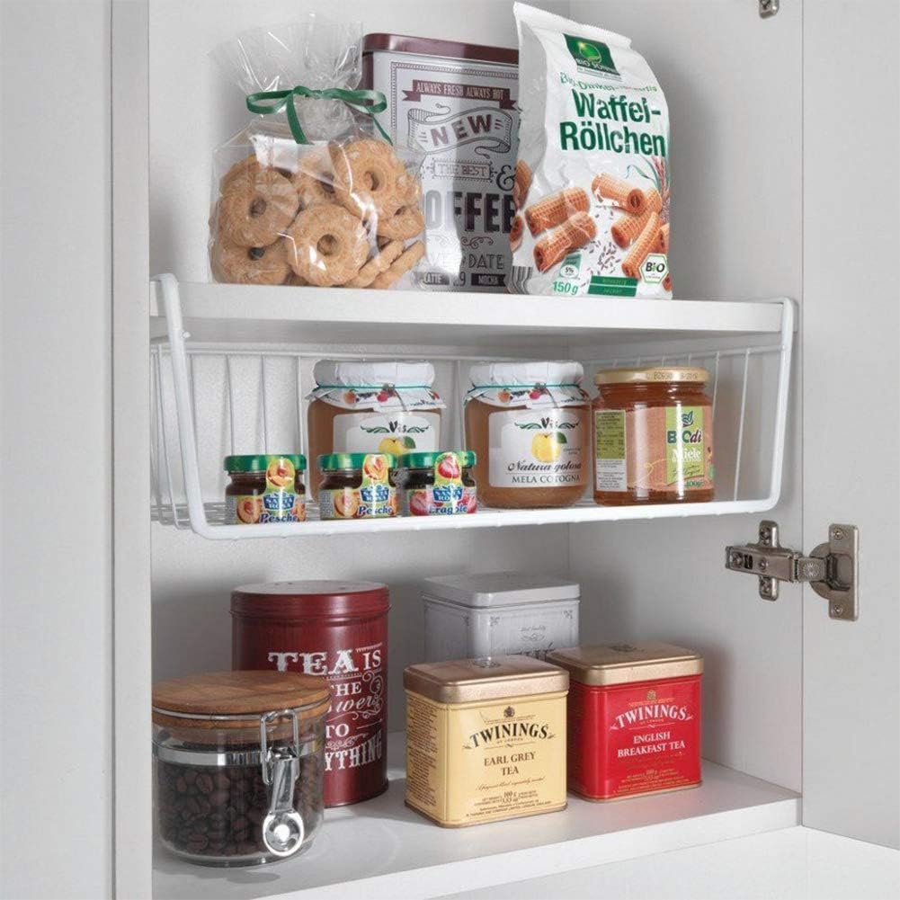 White 15-inch under-shelf steel wire storage basket — basket used inside a pantry cabinet
