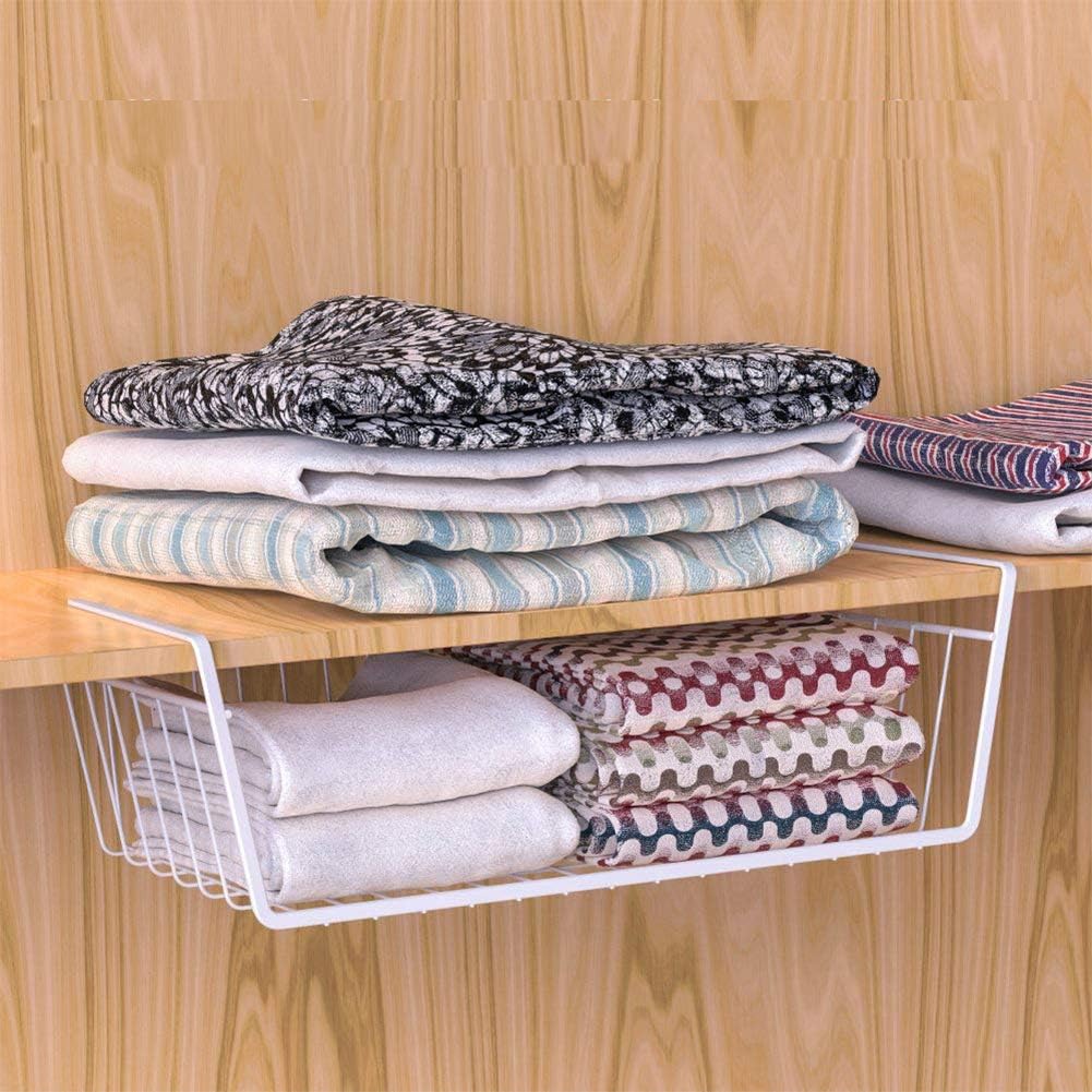 White 15-inch under-shelf steel wire storage basket — basket used for folded textiles