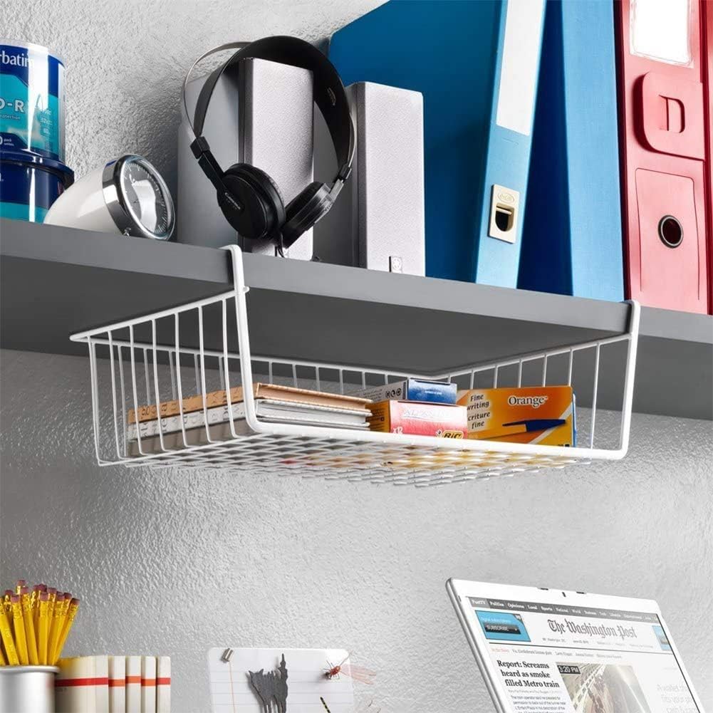 White 15-inch under-shelf steel wire storage basket — basket used for office accessories