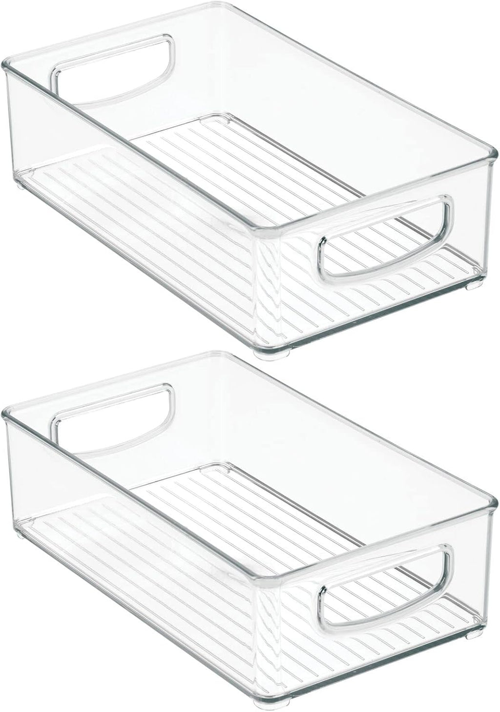 Two clear plastic handled storage bins for pantry or refrigerator organization — two clear handled bins on a clean background