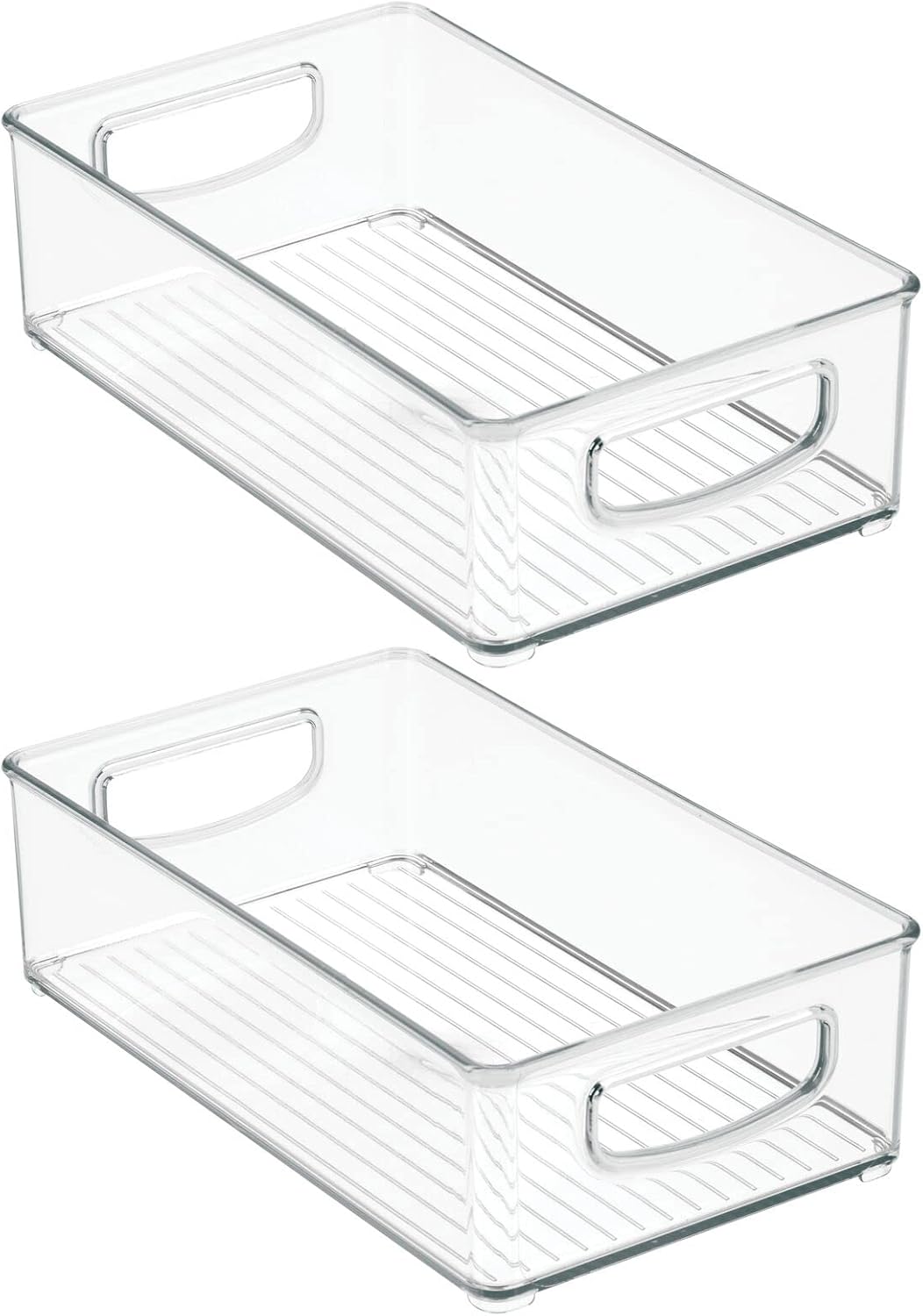 Two clear plastic handled storage bins for pantry or refrigerator organization — two clear handled bins on a clean background