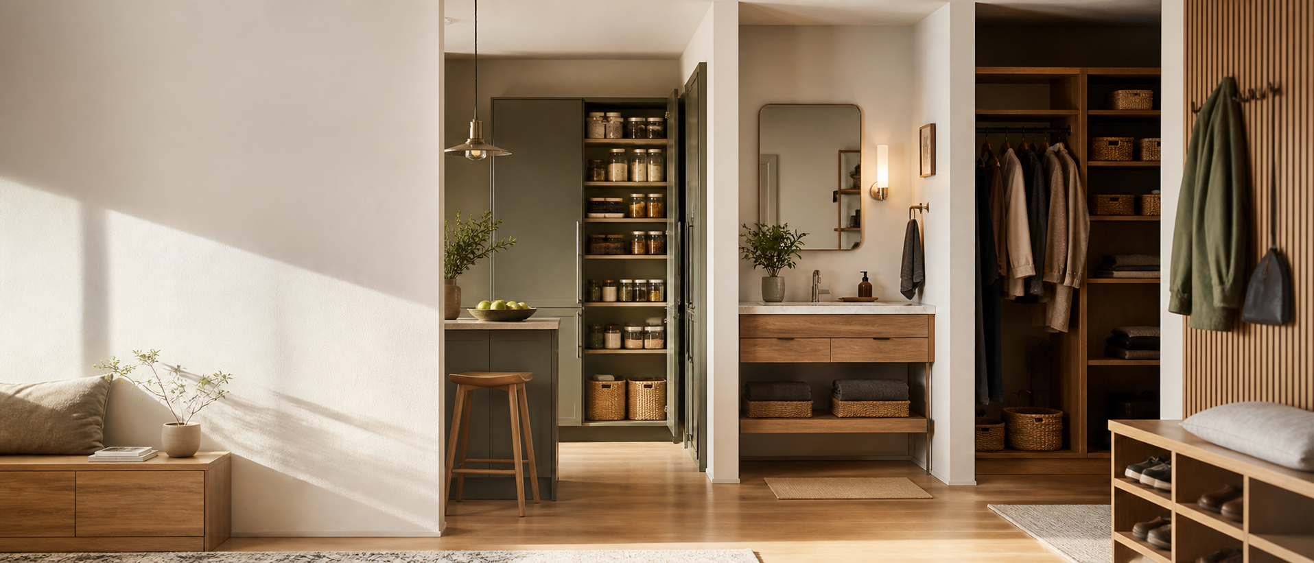 Warm contemporary apartment with organized kitchen, bathroom vanity, and entryway